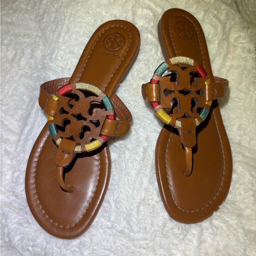 Tory Burch Miller Embroidered Brown Leather Thong Sandals - Picture 3 of 8